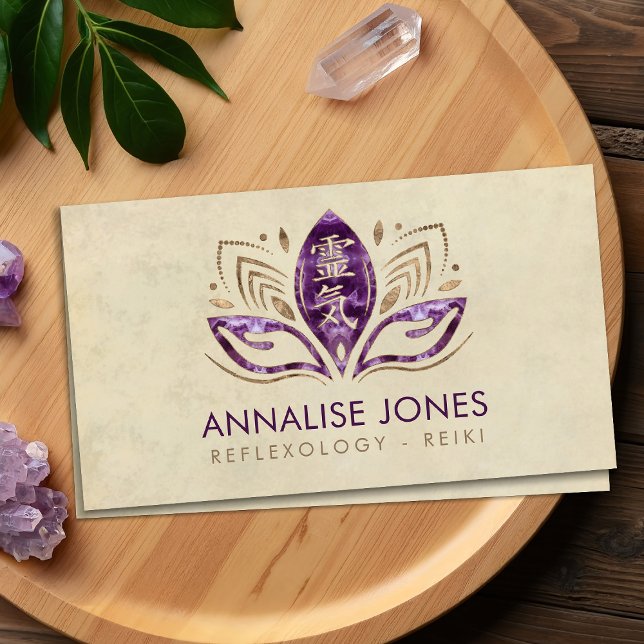 Reiki symbol and hands in Lotus Amethyst and Gold Business Card (Creator Uploaded)