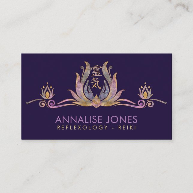 Reiki symbol and hands in Lotus Fluorite and Gold  Business Card (Front)