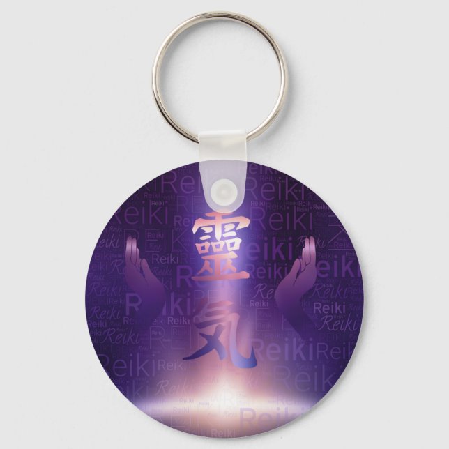 Reiki Symbols and healing hands on purple light Keychain (Front)