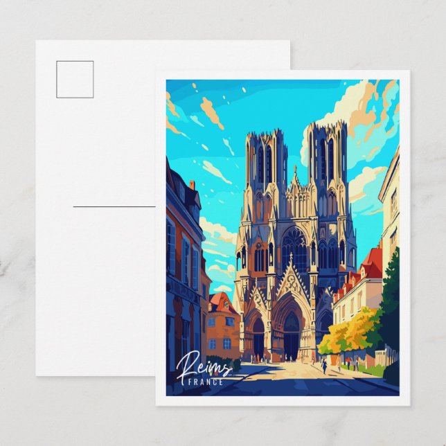 Reims France vintage travel illustration Postcard (Front/Back)