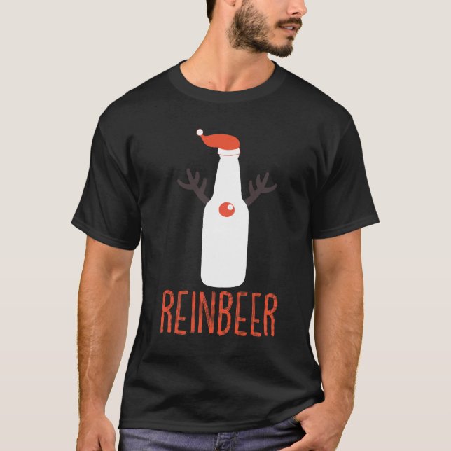 Reinbeer Funny Christmas Gift Santa Hat Antler T-Shirt (Front)