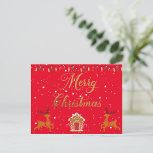 Reindeer and candy house- christmas holiday postcard