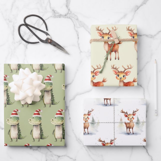 Reindeer and Christmas Alligators Wrapping Paper Sheet (Front)