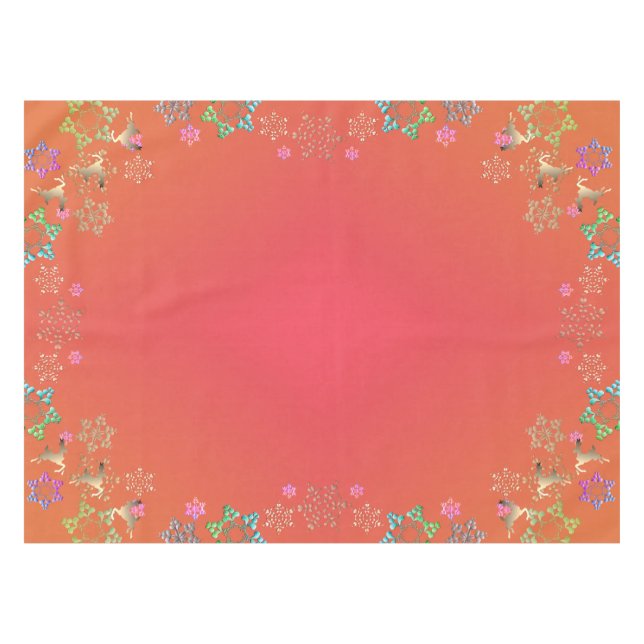 Reindeer and Colourful Snowflakes on Pink Red Tablecloth (Front (Horizontal))