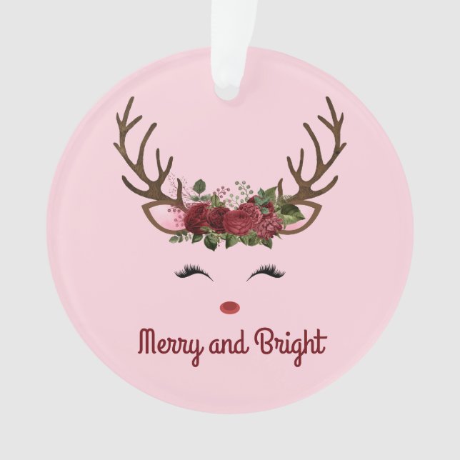 Reindeer and Flowers Merry and Bright on Pink Cera Ornament (Front)