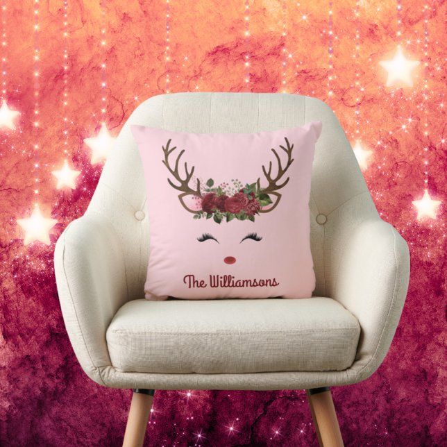 Reindeer and Flowers with Name on Pink Throw Pillow (Creator Uploaded)