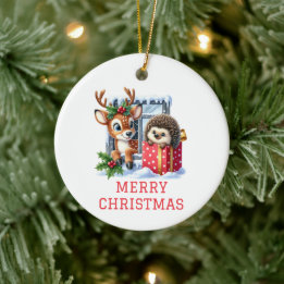 Reindeer and Hedgehog Christmas Ceramic Ornament
