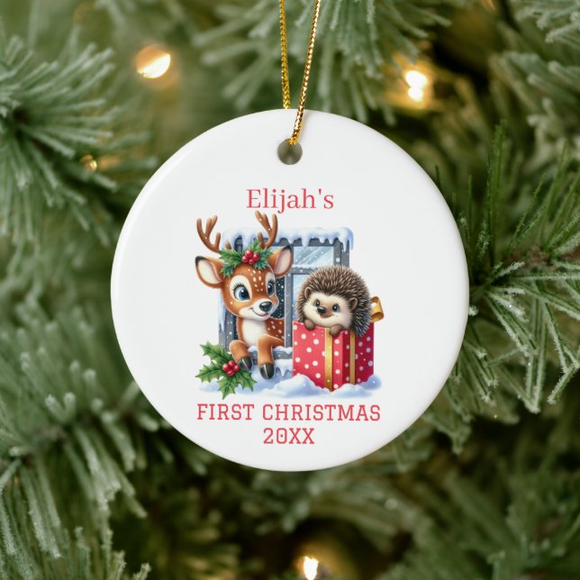 Reindeer and Hedgehog Christmas Ceramic Ornament (Tree)