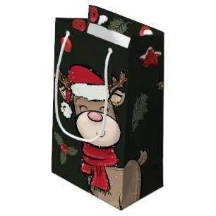 Reindeer and Red Berry Dark Green Small Gift Bag
