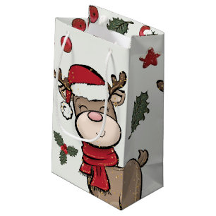 Reindeer and Red Berry Off-White Small Gift Bag