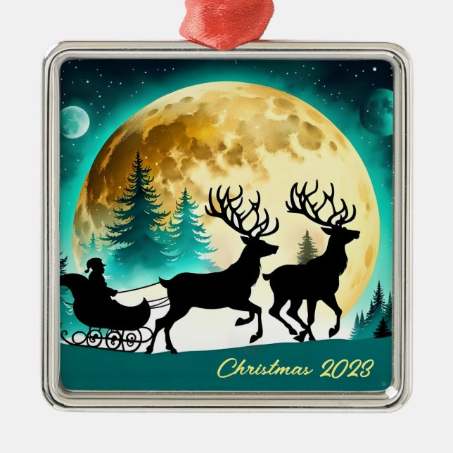 Reindeer and Sleigh full moon Metal Ornament (Front)