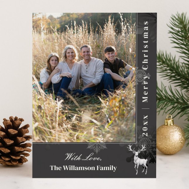 Reindeer and Snowflakes Holiday Photo | Grey Card (Gray Reindeer and Snowflakes Holiday Photo Card)
