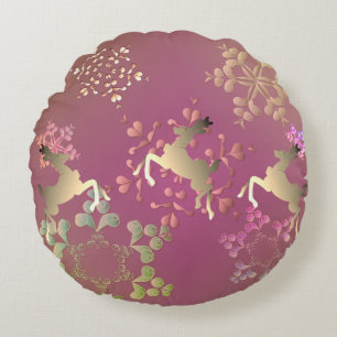 Reindeer and Snowflakes on Gradient Purple Round Pillow