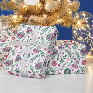 Reindeer and Snowflakes Pattern in Pink and Green Wrapping Paper