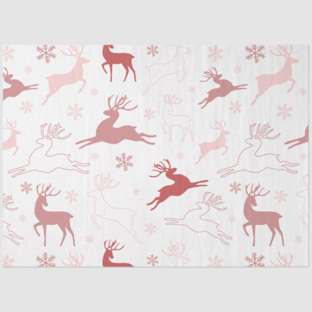 Reindeer and Snowflakes Pink Brown White Christmas Tissue Paper (Front)