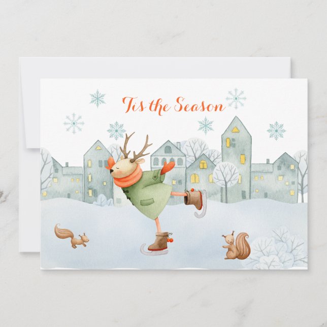 Reindeer and Squirrels Skating Rink Christmas | Holiday Card (Front)
