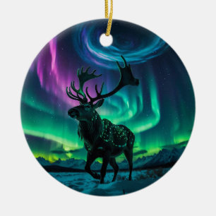 Reindeer and the Northern Lights Wildlife Design Ceramic Ornament