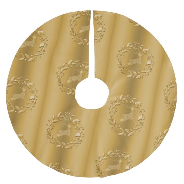 Reindeer and Wreaths Gold Christmas Brushed Polyester Tree Skirt (Front)