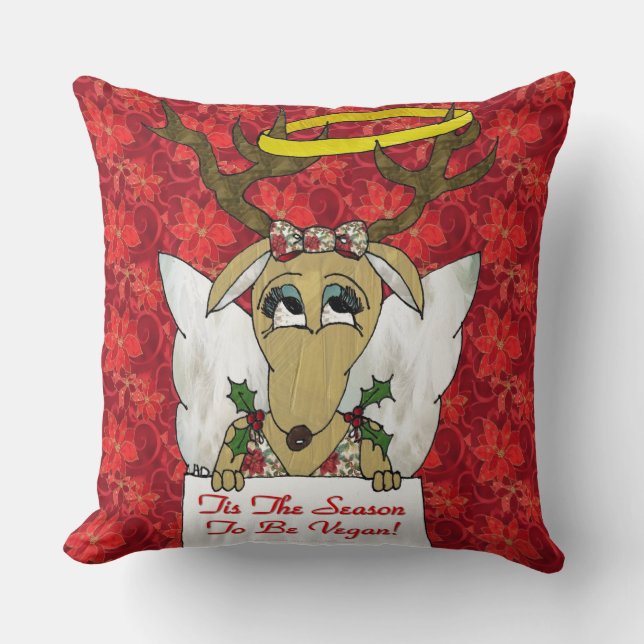 Reindeer Angel Tis The Season to Be Vegan Throw Pillow (Front)