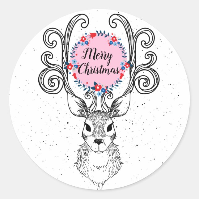 Reindeer Antlers And Floral Wreath Holiday Classic Round Sticker (Front)