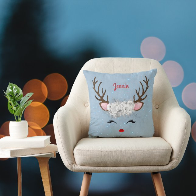 Reindeer Antlers and Roses with Name on Sky Blue Throw Pillow (Creator Uploaded)