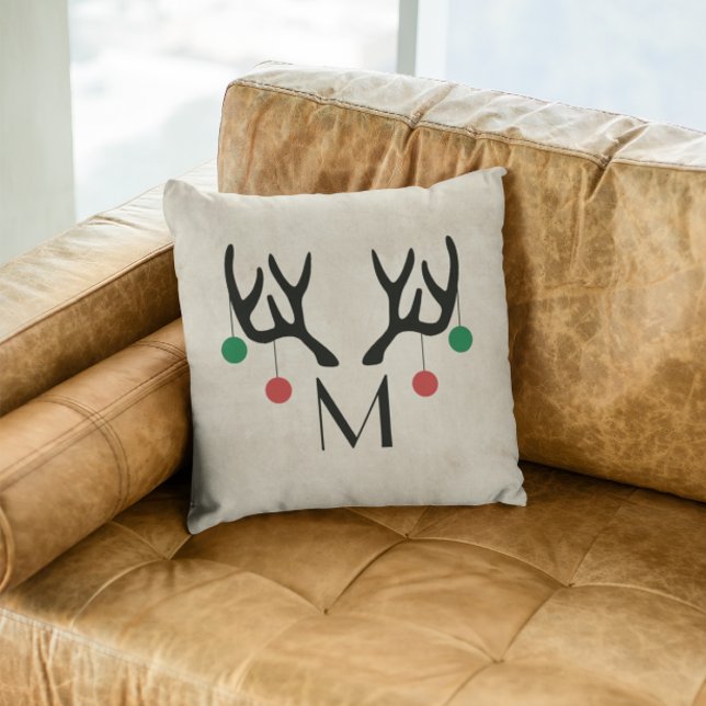 Reindeer Antlers Modern Christmas Monogram Throw Pillow (Creator Uploaded)