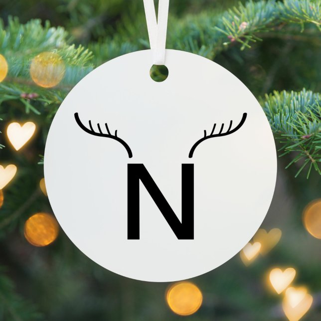 Reindeer Antlers Modern Initial Christmas Monogram Metal Ornament (Creator Uploaded)