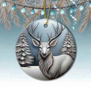 Reindeer Antlers, Trees, Snow Scene, Deer 🦌🎄 Ceramic Ornament