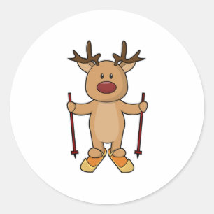 Reindeer as Skier with Skis & Ski poles Classic Round Sticker
