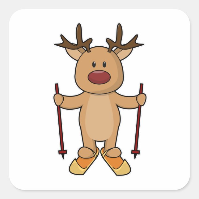 Reindeer as Skier with Skis & Ski poles Square Sticker (Front)