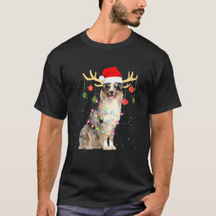 Reindeer Australian Shepherd Dog With Christmas Li T-Shirt