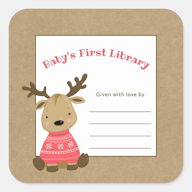 Reindeer baby's first library bookplate square sticker (Front)