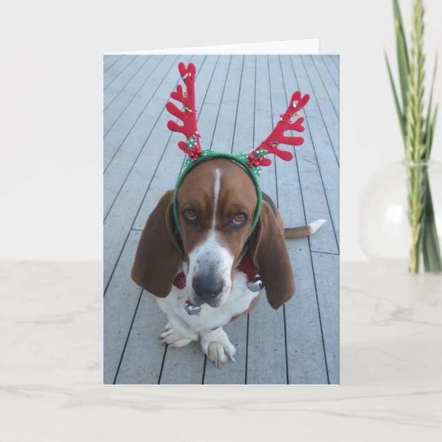Reindeer Basset Holiday Christmas Card (Front)