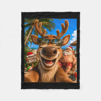 Reindeer Beach Selfie With Santa Funny July Fleece Blanket