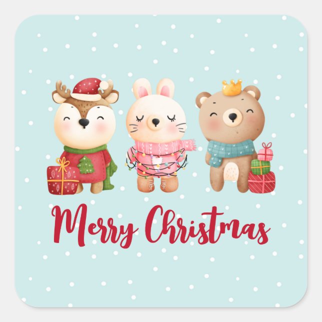Reindeer, Bear & Rabbit Merry Christmas Square Sticker (Front)