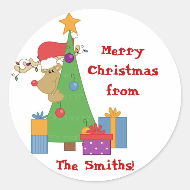 Reindeer_Behind_Tree Classic Round Sticker (Front)