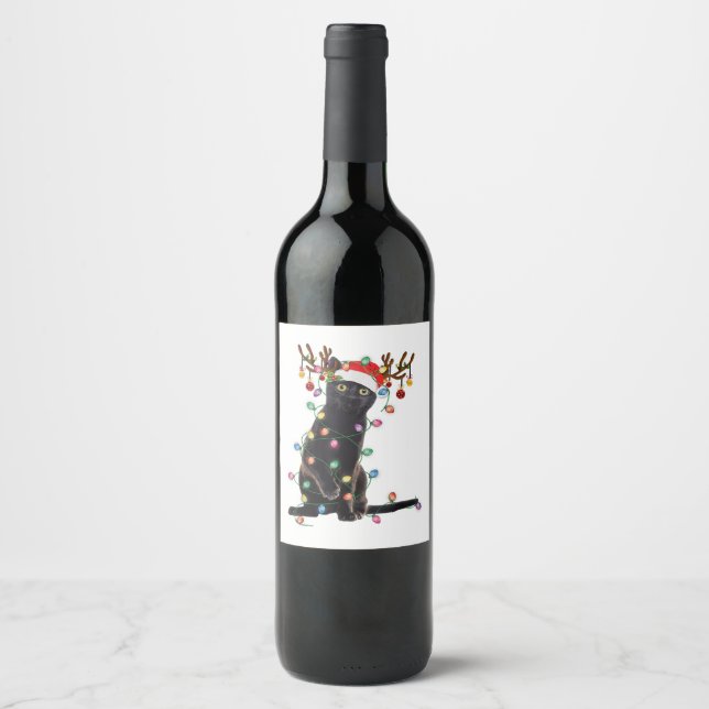Reindeer Black Cat Christmas Lights Funny Cat Love Wine Label (Front)