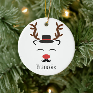Reindeer black hat moustache personalized holiday ceramic ornament
