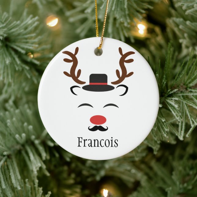 Reindeer black hat moustache personalized holiday  ceramic ornament (Tree)