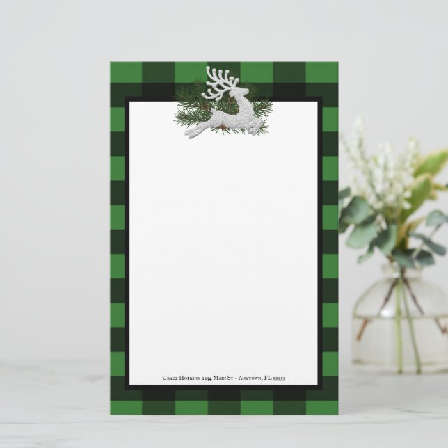 Reindeer Buffalo Plaid Personalized Stationery (Standing Front)