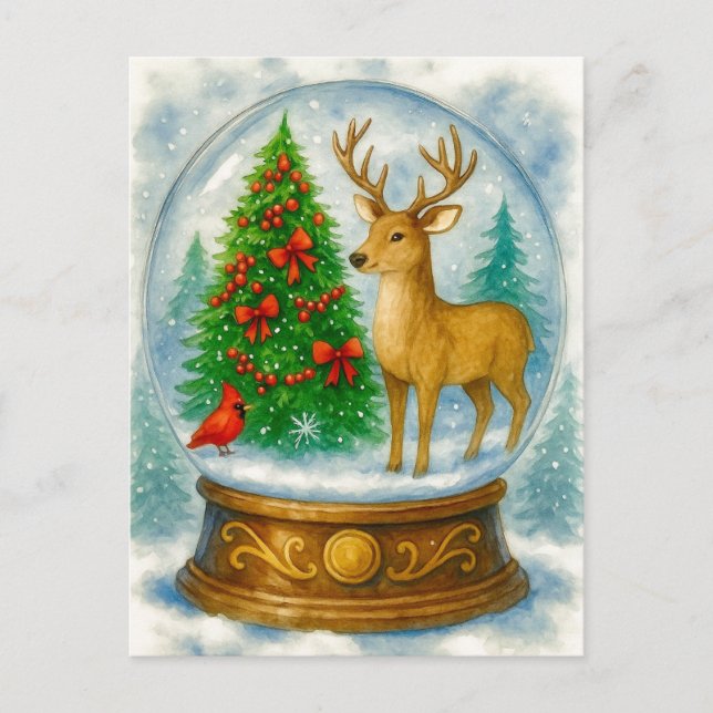 Reindeer Cardinal Christmas Snow Globe Postcard (Front)