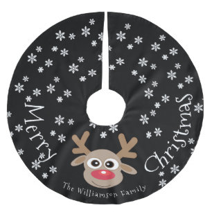 Reindeer Cartoon Christmas Black White Snowflakes  Brushed Polyester Tree Skirt