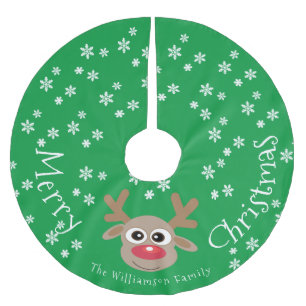 Reindeer Cartoon Christmas Green White Snowflakes  Brushed Polyester Tree Skirt