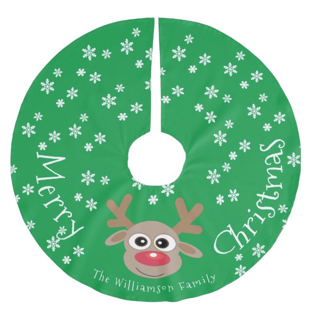 Reindeer Cartoon Christmas Green White Snowflakes  Brushed Polyester Tree Skirt (Front)