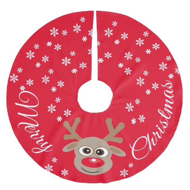Reindeer Cartoon Christmas Red White Snowflakes Brushed Polyester Tree Skirt (Front)
