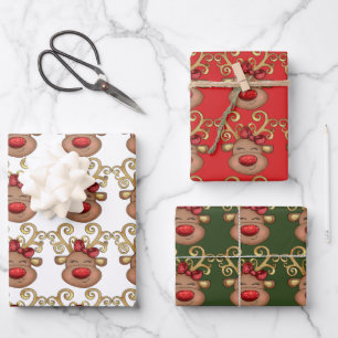 Reindeer cartoon face sparkly red nose gold horns wrapping paper sheet