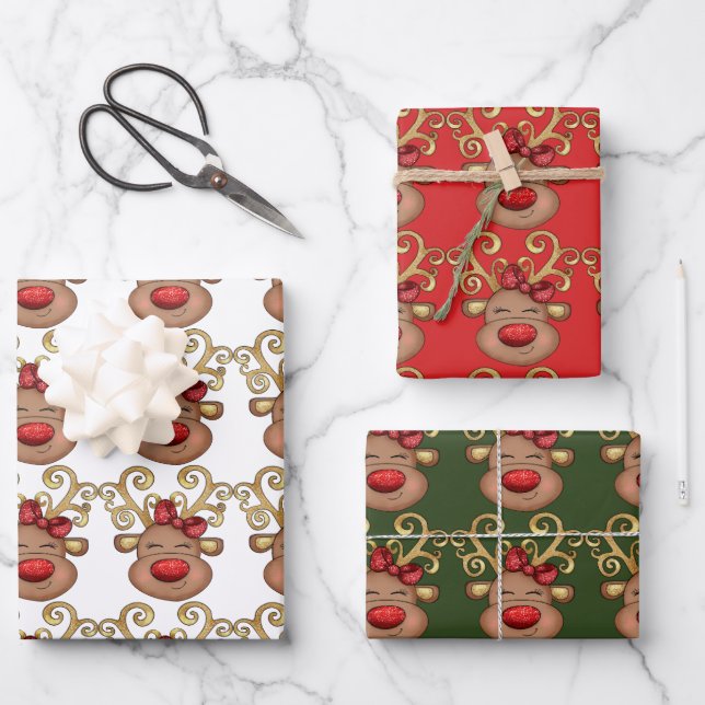 Reindeer cartoon face sparkly red nose gold horns wrapping paper sheet (Front)