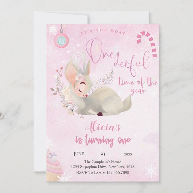 Reindeer Christmas 1st Birthday pink Winter Deer   Invitation (Front)