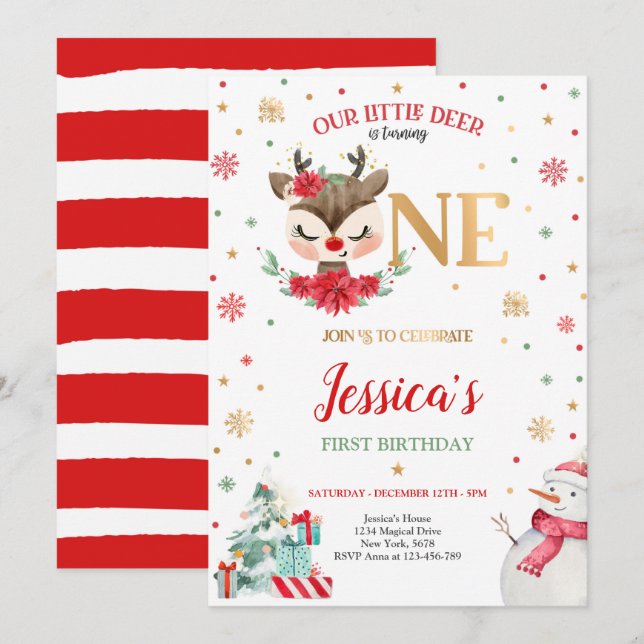 Reindeer Christmas 1st Birthday Red Winter Deer Invitation (Front/Back)
