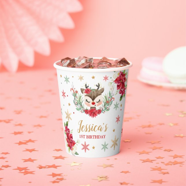 Reindeer Christmas 1st Birthday Red Winter Deer Paper Cups (Insitu)
